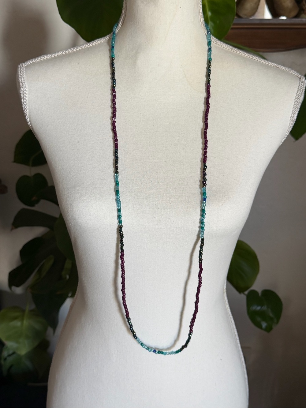 Vintage Teal, Purple & Black Long Glass Beads Beaded Necklace